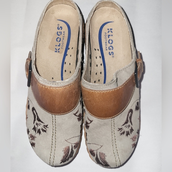 Klogs Austin Brown Tan Floral Clogs Mules Size 7W Non Slip Leather Upper - Picture 10 of 10